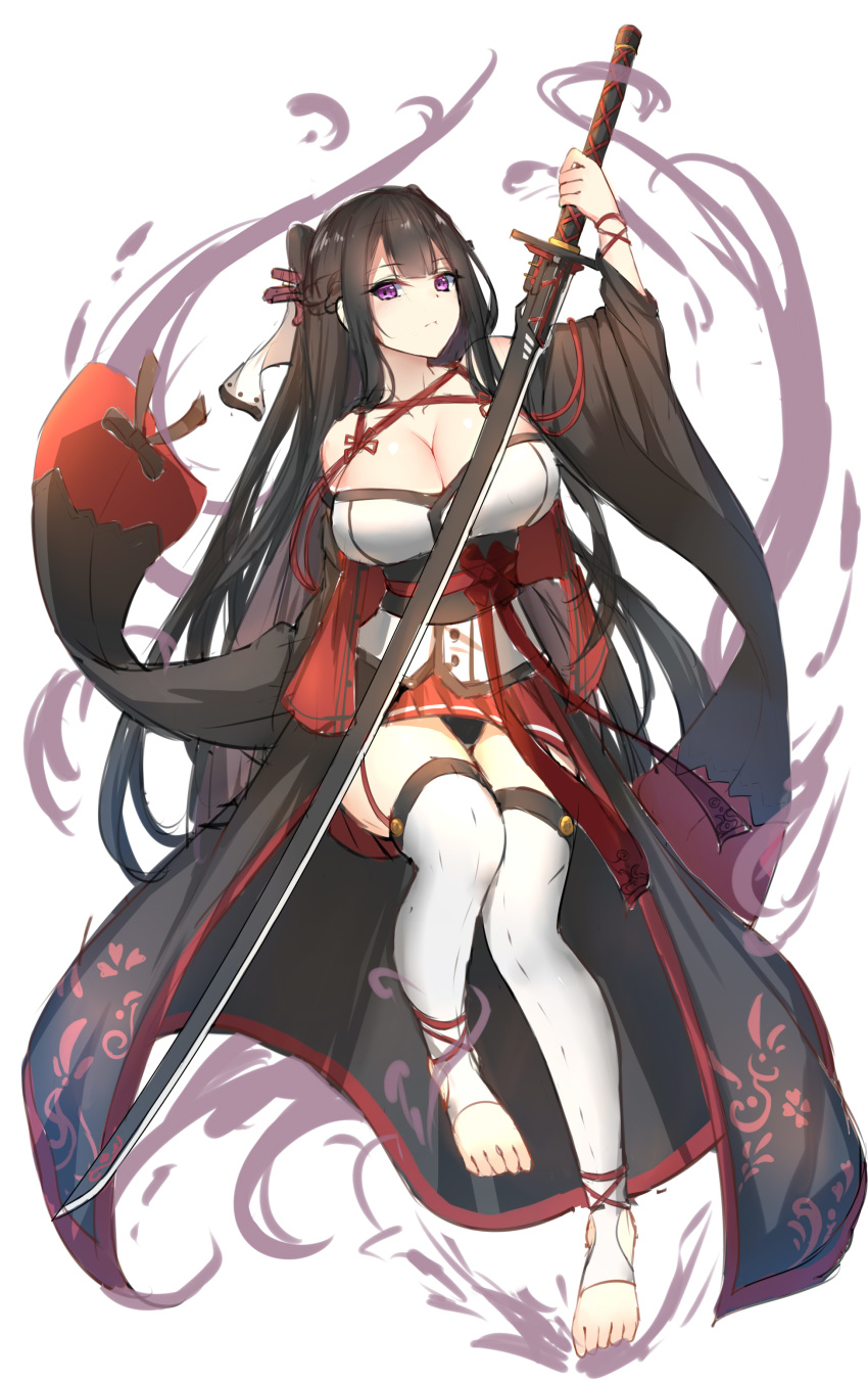absurdres black_hair black_panties breasts chixiao cleavage commentary highres japanese_clothes katana kimono large_breasts legs original panties purple_eyes sketch solo sword thighhighs underwear weapon white_legwear
