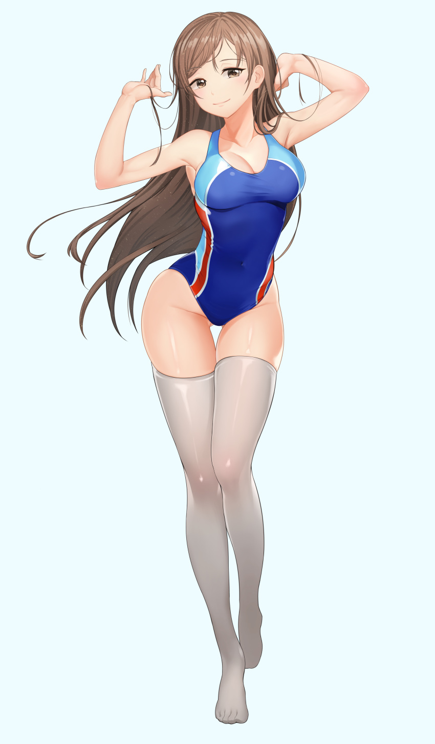 absurdres armpits arms_up breasts brown_eyes brown_hair cleavage competition_swimsuit highres hpb8642 idolmaster idolmaster_cinderella_girls long_hair navel nitta_minami one-piece_swimsuit simple_background skindentation smile solo swimsuit thigh_gap thighhighs very_long_hair white_legwear