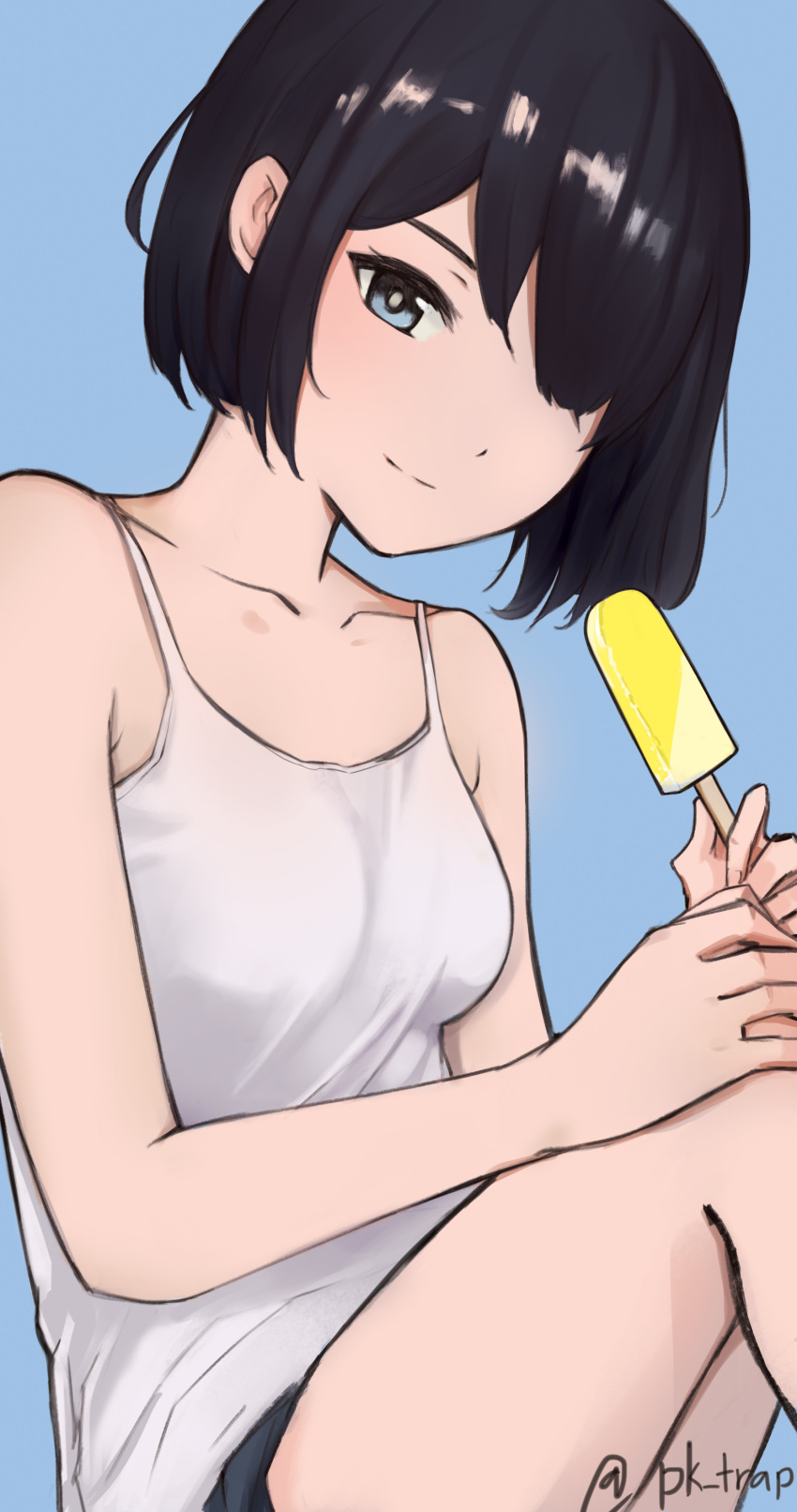 absurdres artist_name bangs bare_legs black_hair blue_eyes bob_cut camisole food hair_over_one_eye hand_on_own_knee highres light_smile looking_at_viewer original pk_trap popsicle short_hair shorts simple_background sitting solo