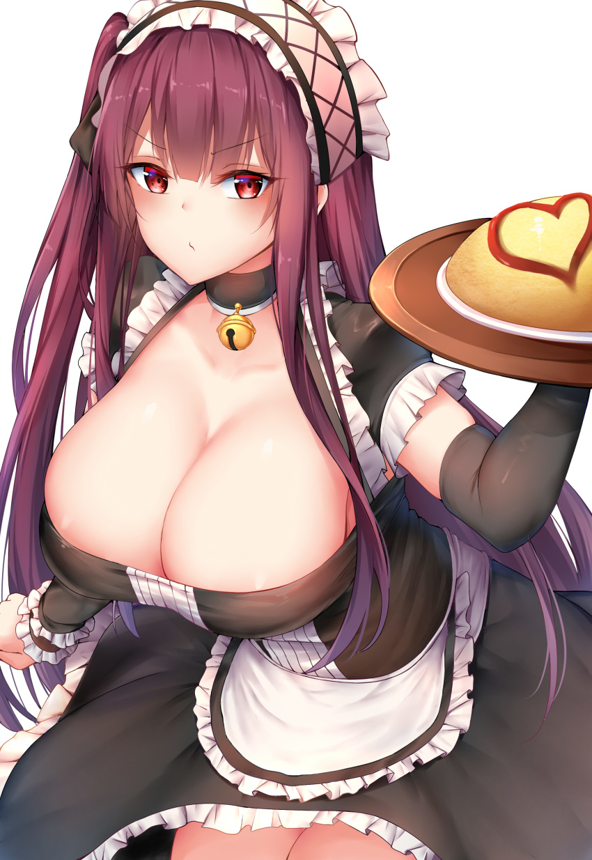 absurdres alternate_costume apron bangs bell bell_choker black_gloves blush breasts chixiao choker cleavage closed_mouth commentary dress elbow_gloves eyebrows_visible_through_hair food frills girls_frontline gloves hair_ribbon half_updo heart highres holding holding_tray large_breasts long_hair looking_at_viewer maid maid_apron maid_headdress omelet omurice one_side_up purple_hair red_eyes ribbon sidelocks simple_background skindentation solo tray very_long_hair wa2000_(girls_frontline) white_background