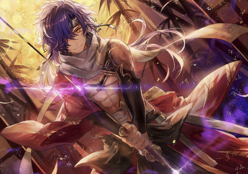 bare_chest closed_mouth dutch_angle fate/grand_order fate_(series) hair_over_one_eye holding holding_sword holding_weapon japanese_clothes looking_at_viewer male_focus messy_hair okada_izou_(fate) purple_hair scarf smile solo sword tsugutoku weapon yellow_eyes