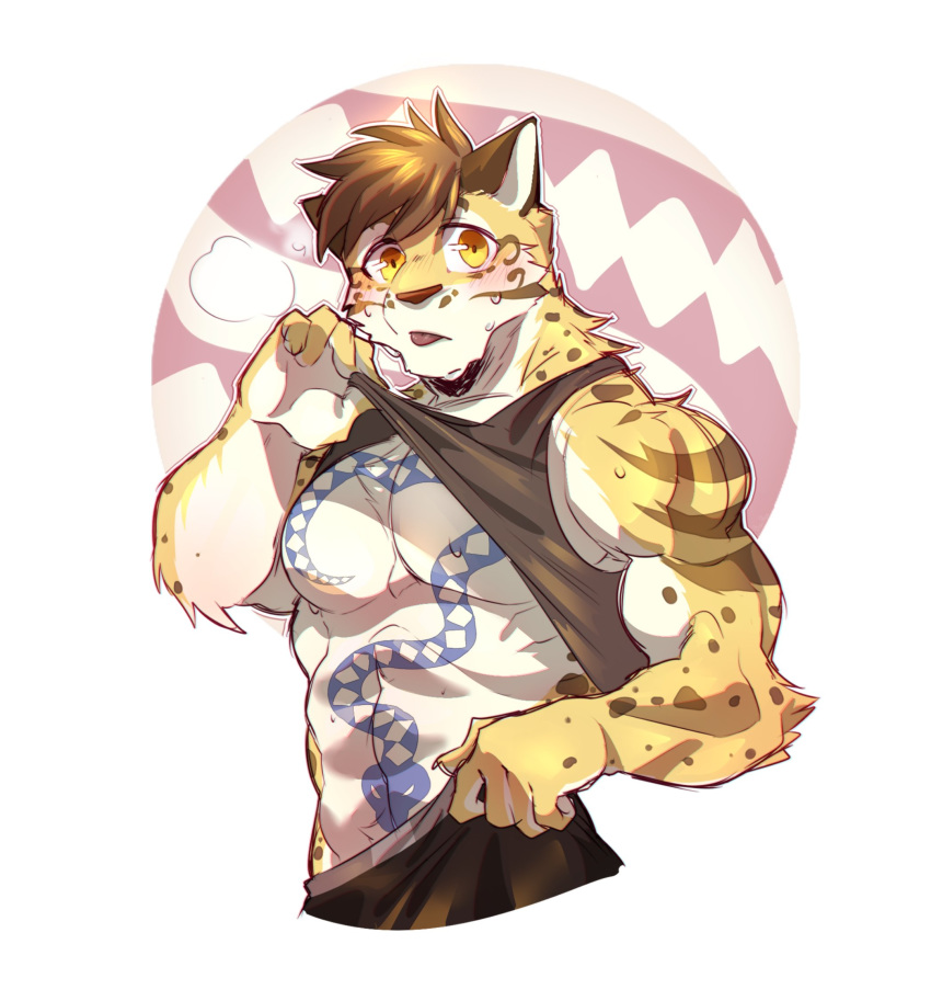2018 abs anthro booboo34 clothed clothing clouded_leopard feline fur hi_res leopard likulau looking_at_viewer male mammal muscular nekojishi simple_background solo spots tattoo