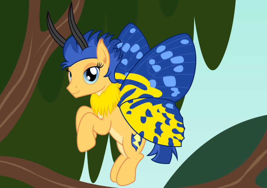 2018 alternate_species antennae arthropod badumsquish blue_eyes blue_hair equine flash_sentry_(mlp) fluffy flying friendship_is_magic girly hair horse insect looking_at_viewer male mammal moth my_little_pony neck_tuft pony smile solo tree tuft wings