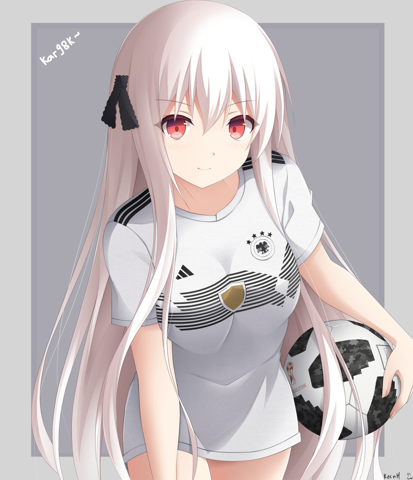 2018_fifa_world_cup ball bangs black_ribbon breasts character_name closed_mouth commentary_request cowboy_shot eyebrows_visible_through_hair germany girls_frontline hair_between_eyes hair_ribbon highres holding holding_ball kar98k_(girls_frontline) keenh leaning_forward long_hair looking_at_viewer no_pants red_eyes ribbon shirt signature smile soccer soccer_ball soccer_uniform solo sportswear telstar_18 two-tone_background very_long_hair white_hair white_shirt world_cup