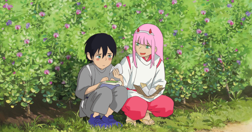1boy 1girl bangs black_hair blue_eyes blush_stickers couple darling_in_the_franxx food grass green_eyes grey_pants grey_shirt hair_ornament hairband hetero hiro_(darling_in_the_franxx) holding_food horns japanese_clothes long_hair long_sleeves looking_at_another mondayy no_socks oni_horns onigiri open_mouth pants pink_hair purple_footwear red_horns red_pants sandals shirt short_hair sneakers squatting tree white_hairband white_shirt zero_two_(darling_in_the_franxx)