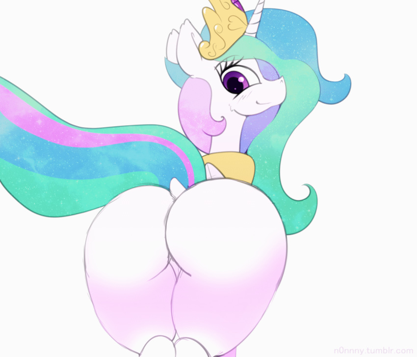 2018 animated big_butt blush butt crown cute dock equine eyebrows eyelashes feathered_wings feathers featureless_crotch female feral friendship_is_magic hair horn looking_at_viewer looking_back mammal multicolored_hair my_little_pony n0nnny nude princess_celestia_(mlp) rainbow_hair rear_view royalty shaking_butt simple_background smile solo white_background white_feathers winged_unicorn wings