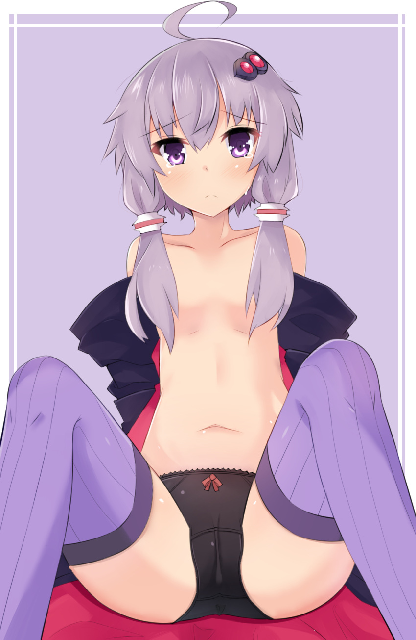 1girl ahoge black_panties blush border bow_panties breasts cameltoe collarbone eyebrows_visible_through_hair female hair_ornament highres kagono_asagiri looking_at_viewer navel off_shoulder panties purple_background purple_eyes purple_hair purple_legwear shiny shiny_hair simple_background sitting small_breasts solo spread_legs tears thighhighs underwear voiceroid white_border yuzuki_yukari