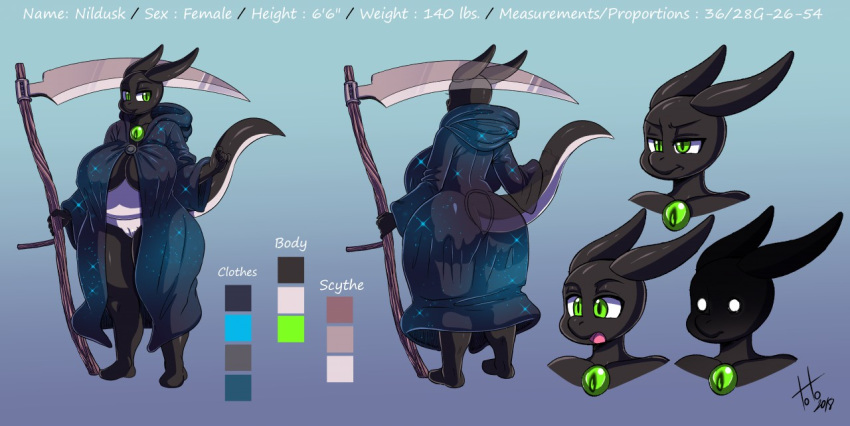 2018 animal_humanoid anthro big_breasts big_butt breasts butt cloak clothed clothing deity digital_media_(artwork) dragon dragon_humanoid fabianoferreira female frown green_eyes hi_res holding_object holding_weapon horn huge_butt humanoid looking_at_viewer melee_weapon model_sheet nildusk_(ninstarrune) polearm pussy scalie scary_face scythe simple_background solo standing thick_thighs voluptuous weapon wide_hips