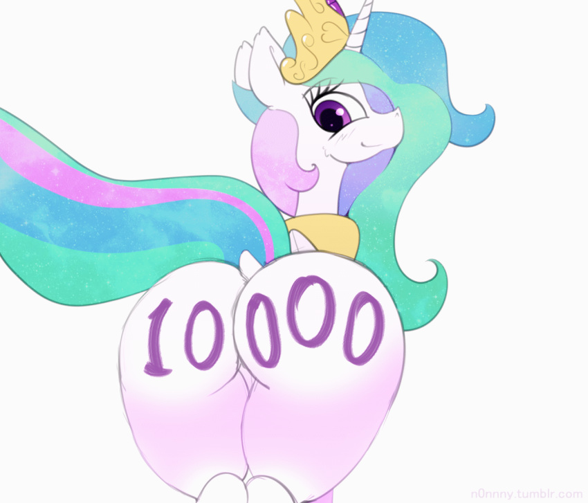 2018 animated big_butt blush body_writing butt crown cute dock equine eyebrows eyelashes feathered_wings feathers featureless_crotch female feral friendship_is_magic hair horn looking_at_viewer looking_back mammal multicolored_hair my_little_pony n0nnny nude princess_celestia_(mlp) rainbow_hair rear_view royalty shaking_butt simple_background smile solo text white_background white_feathers winged_unicorn wings