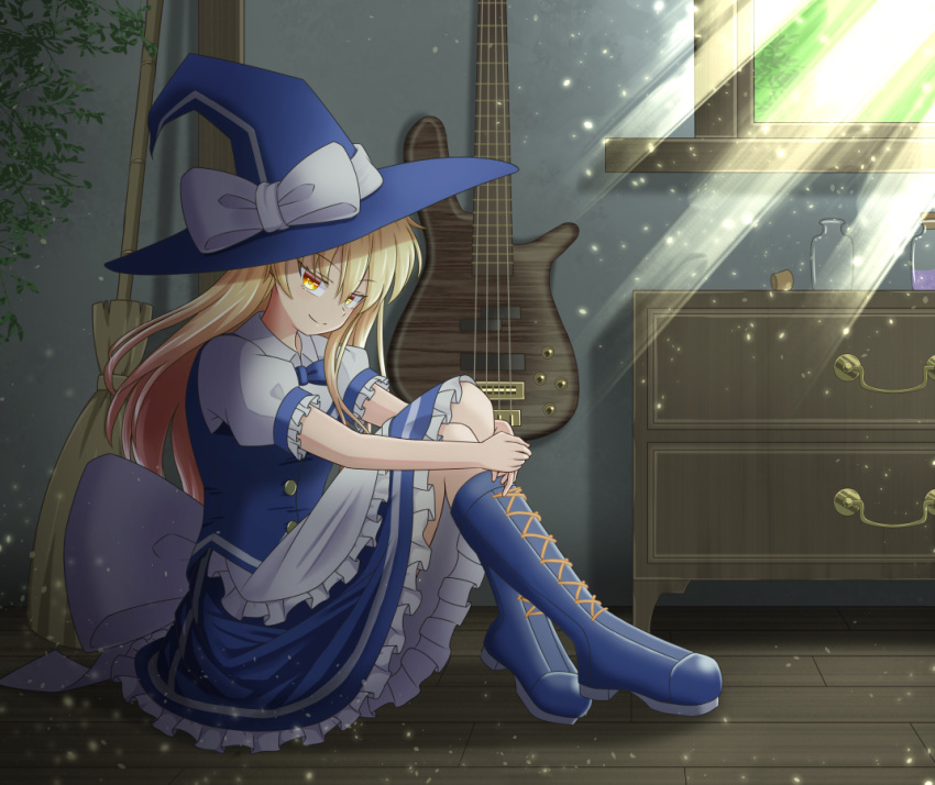 bare_legs black_footwear blonde_hair boots bow bowtie broom cross-laced_footwear drawer dress frilled_dress frilled_skirt frills fusen guitar hands_together hat indoors instrument kirisame_marisa lace-up_boots legs_together looking_at_viewer sitting skirt smug sunlight touhou window witch witch_hat yellow_eyes