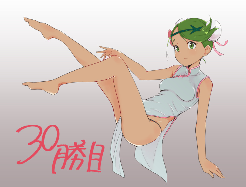 alternate_costume alternate_hairstyle bare_legs barefoot breasts china_dress chinese_clothes closed_mouth dark_skin double_bun dress flower full_body gradient gradient_background green_eyes green_hair green_hairband grey_background hair_flower hair_ornament hairband legs mao_(pokemon) medium_breasts ninchan open_mouth pokemon pokemon_(game) pokemon_sm short_hair solo