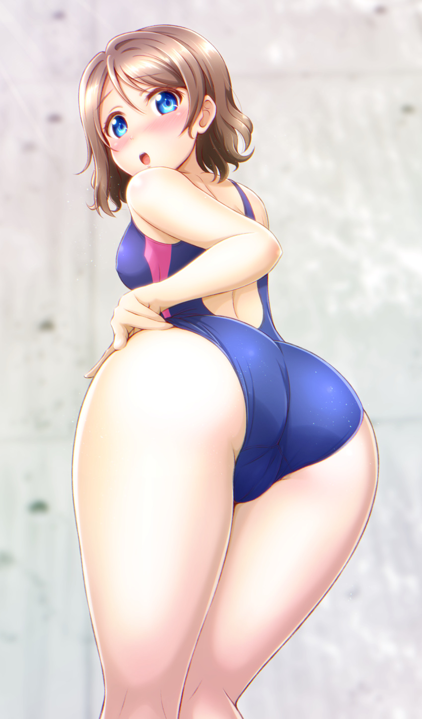 adjusting_clothes adjusting_swimsuit ass blue_eyes blush breasts brown_hair ckst competition_swimsuit embarrassed highres kneepits looking_at_viewer looking_back love_live! love_live!_sunshine!! medium_breasts one-piece_swimsuit open_mouth short_hair swimsuit thighs trefoil watanabe_you