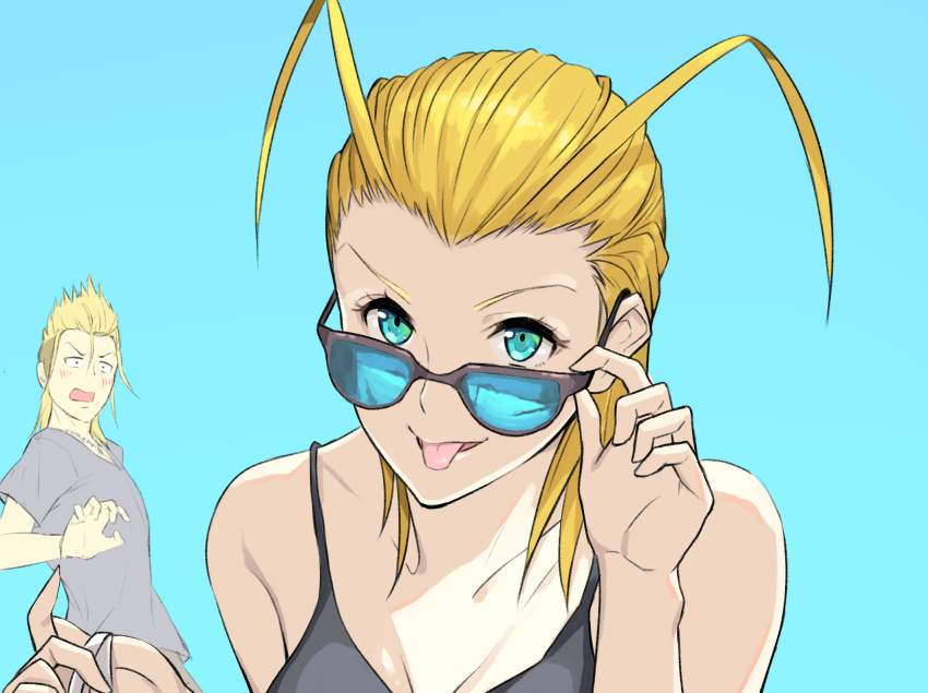 1girl :d adjusting_eyewear alternate_costume antenna_hair bare_shoulders bikini black_bikini blonde_hair blue_eyes blush breasts cleavage collarbone demyx gogo_(detteiu_de) hair_slicked_back highres kingdom_hearts larxene looking_at_another looking_at_viewer medium_hair open_mouth shirt smile solo_focus sunglasses swimsuit t-shirt tongue tongue_out