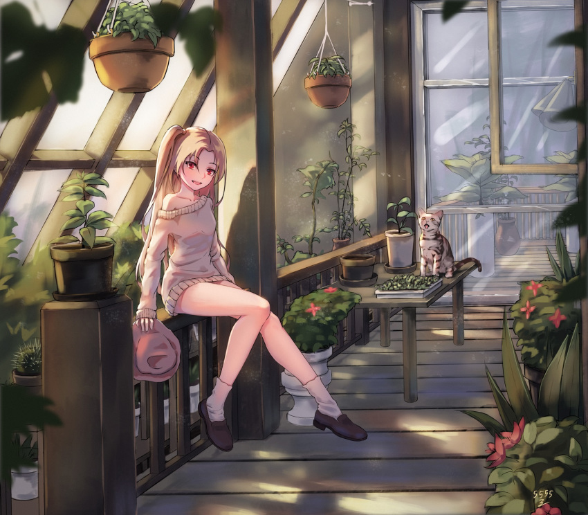 5555_96 azur_lane beige_sweater blonde_hair blush cactus cat cleveland_(azur_lane) commentary_request eyebrows_visible_through_hair hanging_plant hat hat_removed headwear_removed highres holding holding_hat loafers long_hair loose_socks off_shoulder plant potted_plant red_eyes shoes side_ponytail sitting_on_railing smile solo spread_legs sweater thighs toe-point very_long_hair window