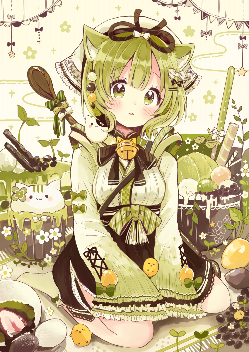:3 absurdres animal animal_ears animal_on_shoulder bangs bell bird black_bow black_neckwear blush bow bowl cat_ears cat_girl chick clover commentary_request cross-laced_clothes egg eyebrows_visible_through_hair flower food four-leaf_clover frilled_sleeves frills green green_bow green_eyes green_tea hair_bow hair_ornament hairpin head_scarf highres jingle_bell looking_at_viewer matcha_(tea) neck_ribbon original overflow parted_lips pennant personification ribbon sakura_oriko short_hair sitting skirt sleeves_past_wrists solo spoon sprout string_of_flags tea white_bow