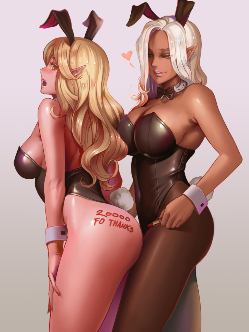animal_ears banned_artist blonde_hair blush body_writing bow bowtie breasts bunny_ears bunny_girl bunny_tail bunnysuit commentary dark_elf dark_skin detached_collar elf english followers heart highres hits large_breasts lipstick lipstick_tube long_hair makeup multiple_girls original pantyhose pointy_ears shiny shiny_hair silver_hair spoken_heart tail wrist_cuffs yinan_cui