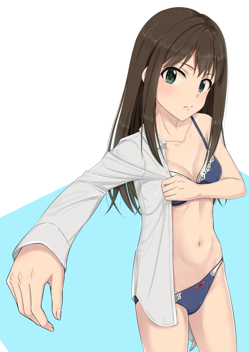 absurdres blue_bra blue_panties bow bow_panties bra breasts brown_hair cleavage dress_shirt eyebrows fingernails green_eyes groin highres idolmaster idolmaster_cinderella_girls k-ya. long_fingernails long_hair looking_at_viewer navel off_shoulder outstretched_arm panties partially_undressed shibuya_rin shirt small_breasts solo thighs underwear white_background