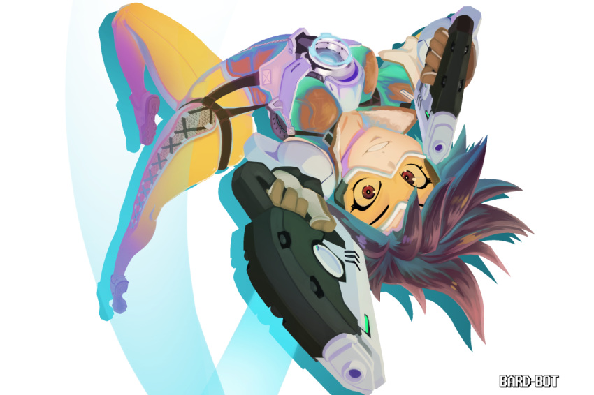 artist_name bard-bot bomber_jacket brown_eyes brown_hair dual_wielding goggles grin holding jacket leg_up looking_at_viewer overwatch short_hair signature simple_background smile solo thighs tracer_(overwatch) upside-down white_background