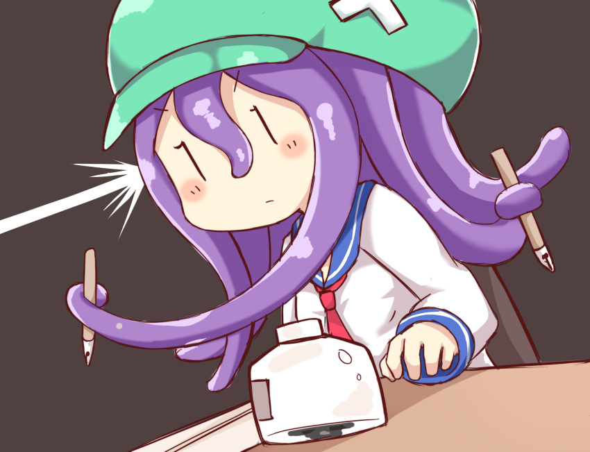 blue_sailor_collar brown_background closed_mouth green_hat greenteaneko hat highres ink_bottle ink_pen long_sleeves necktie newtype_flash original paper prehensile_hair purple_hair red_neckwear sailor_collar school_uniform serafuku shirt simple_background solo table tentacle_hair white_shirt |_|