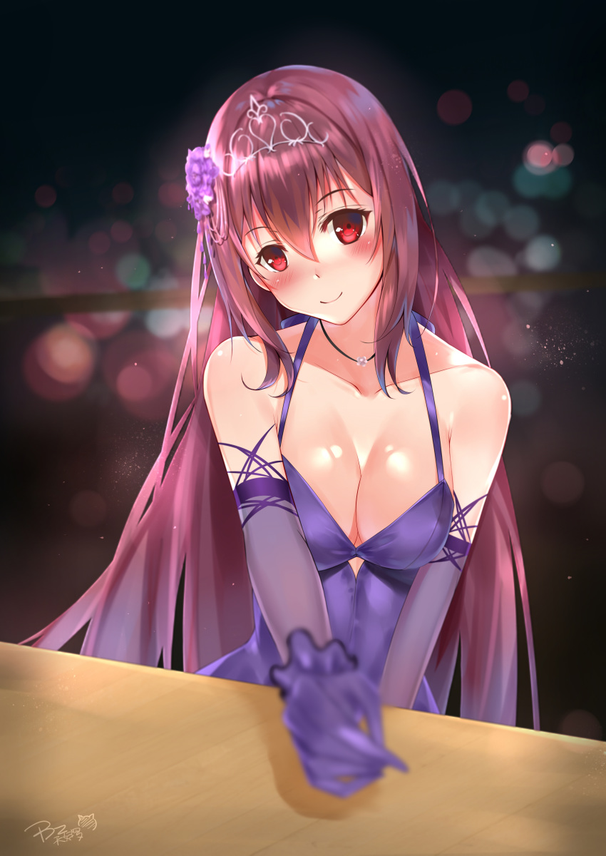 absurdres bangs bingzhen_tian_fu_luo blurry blush bokeh breasts cleavage collarbone depth_of_field detached_sleeves diadem dress fate/grand_order fate_(series) flower gloves hair_between_eyes hair_flower hair_ornament head_tilt heroic_spirit_formal_dress highres jewelry large_breasts long_hair looking_at_viewer necklace pov_across_table purple_dress purple_flower purple_gloves purple_hair red_eyes scathach_(fate)_(all) scathach_(fate/grand_order) shiny shiny_skin signature sitting sleeveless sleeveless_dress smile solo tiara very_long_hair