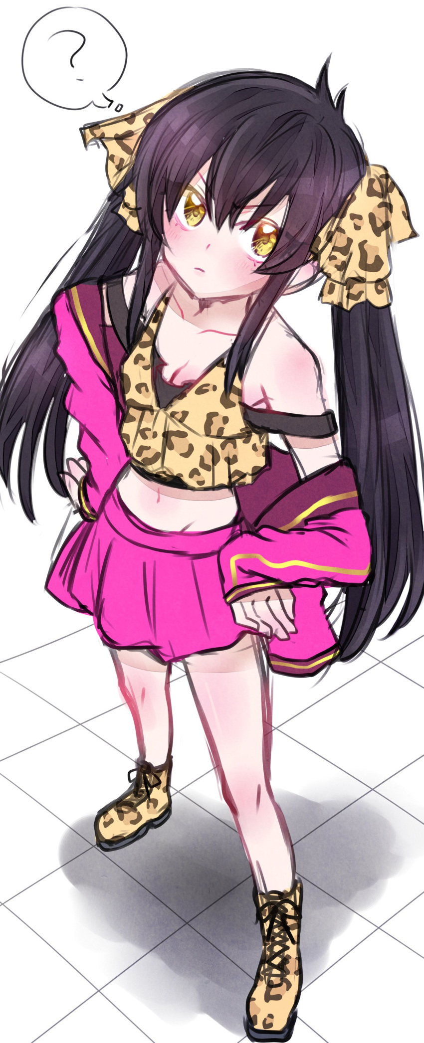 ? absurdres animal_print bangs bare_shoulders black_hair boots breasts cleavage closed_mouth crop_top cross-laced_footwear eyebrows_visible_through_hair eyes_visible_through_hair frown groin hair_between_eyes hair_ribbon hands_on_hips highres idolmaster idolmaster_cinderella_girls lace-up_boots legs_apart leopard_print long_hair long_sleeves matoba_risa miki_masao miniskirt navel pink_skirt ribbon shadow sidelocks skirt small_breasts solo spoken_question_mark standing strap_slip tank_top twintails v-shaped_eyebrows yellow_eyes