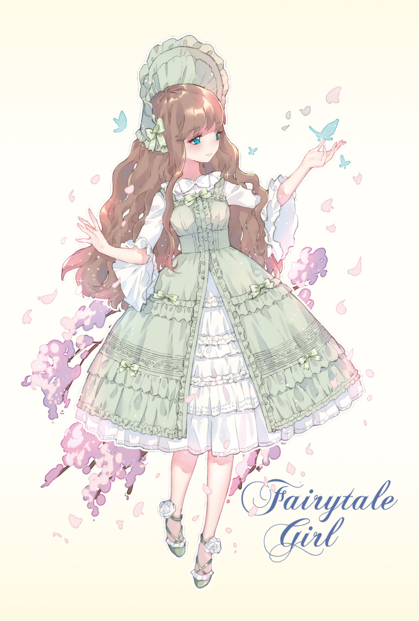 ankle_flower ankle_strap bangs blue_eyes bonnet bow bowtie brown_hair bug butterfly center_frills cherry_blossoms dress flower frilled_dress frilled_sleeves frills full_body green_bow green_dress green_footwear green_neckwear highres insect lolita_fashion long_hair original overskirt petals rose smile solo wavy_hair white_flower white_neckwear white_rose wide_sleeves yuzhi