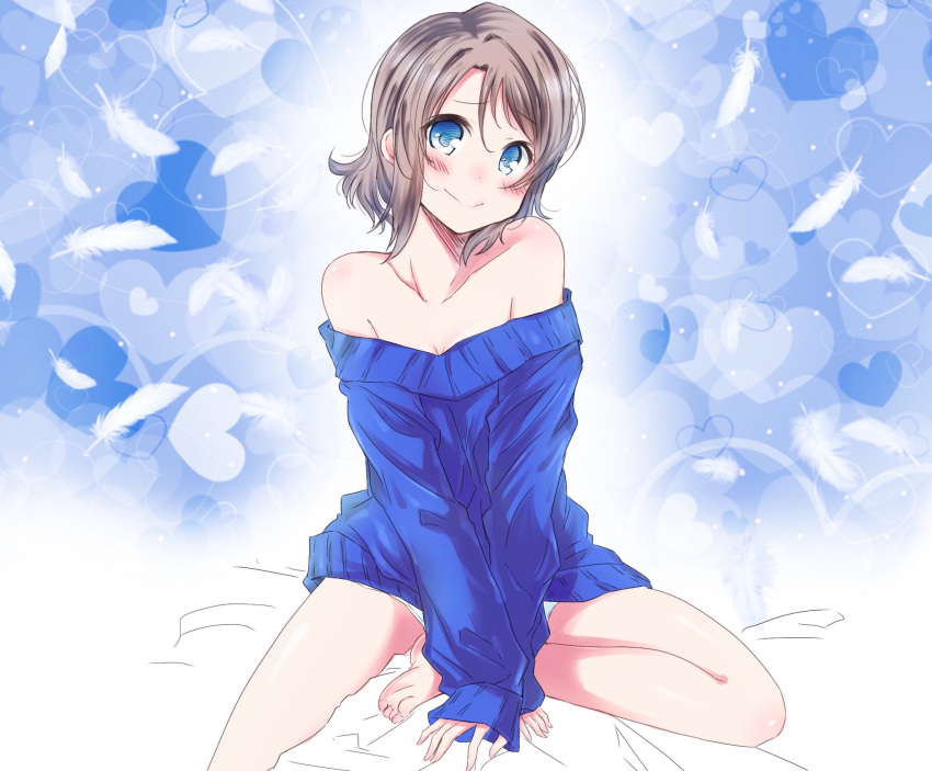 bare_shoulders barefoot bed_sheet blue_background blue_eyes blue_sweater blush breasts brown_hair cleavage collarbone eyebrows_visible_through_hair feathers hair_between_eyes head_tilt heart highres long_sleeves looking_at_viewer love_live! love_live!_sunshine!! no_pants off-shoulder_sweater photo-referenced saitou_shuka seiyuu_connection short_hair sitting sleeves_past_wrists small_breasts smile soles solo sweater watanabe_you white_feathers zero-theme