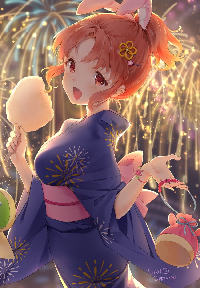 :d abe_nana animal_ears bunny_ears commentary_request cotton_candy fireworks hair_ornament hairclip highres idolmaster idolmaster_cinderella_girls japanese_clothes kimono looking_at_viewer md5_mismatch obi open_mouth orange_hair red_eyes sash shiratama_akane short_hair short_ponytail smile solo twitter_username yukata