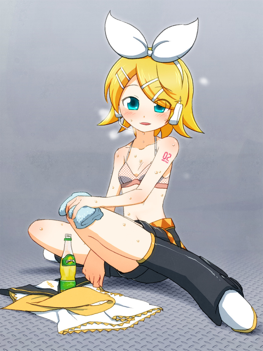 aqua_eyes bare_arms bare_shoulders blonde_hair blush bottle bra breasts collarbone commentary_request dress eyebrows_visible_through_hair eyes_visible_through_hair full_body green_eyes grey_background hair_ornament hair_ribbon hairclip headphones headset highres kagamine_rin leg_warmers looking_at_viewer navel parted_lips ribbon sailor_collar sailor_shirt sat-c shirt shirt_removed short_hair shorts sitting sleeveless sleeveless_dress small_breasts smile soda_bottle solo sweat towel treble_clef underwear vocaloid white_ribbon