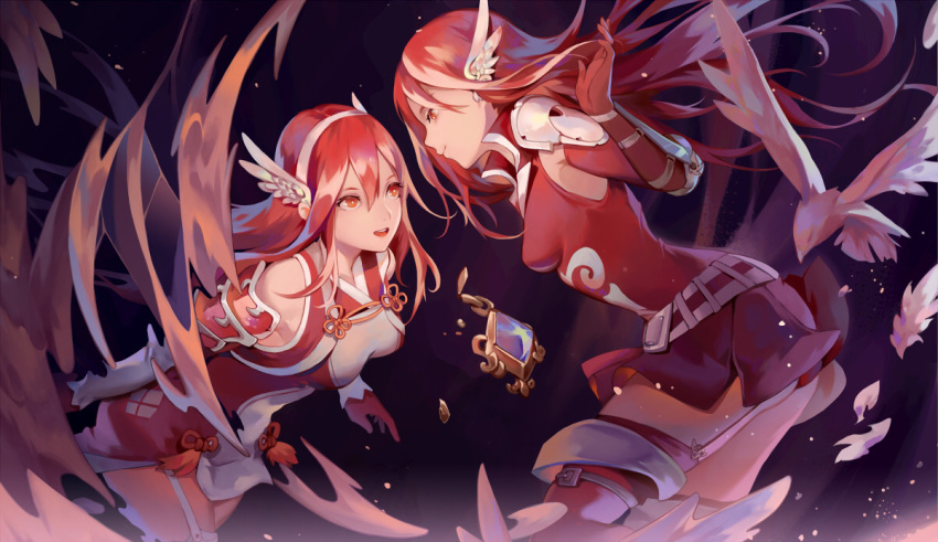 ass belt bird boots breasts closed_mouth cottan666 dove dress facing_another fire_emblem fire_emblem:_kakusei fire_emblem_if gauntlets gem gloves hair_between_eyes hairband hand_up head_wings jewelry legs long_hair looking_at_another matoi_(fire_emblem_if) md5_mismatch medium_breasts open_mouth red_dress red_eyes red_hair shoulder_armor skirt sleeveless sleeveless_dress smile thigh_boots thighhighs thighs tiamo