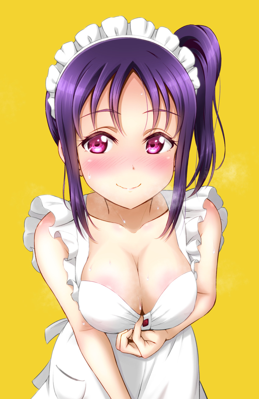 absurdres apron bangs blonde_hair blue_hair blush breasts ckst cleavage collar_tug collarbone commentary_request eyebrows_visible_through_hair heavy_breathing highres kazuno_sarah large_breasts looking_at_viewer love_live! love_live!_sunshine!! maid_apron maid_headdress naked_apron nose_blush purple_eyes side_ponytail sidelocks simple_background smile solo sweat upper_body white_apron