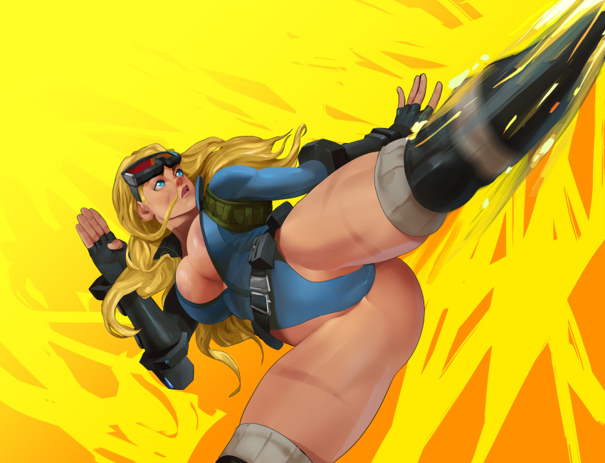 1girl alternate_costume alternate_hairstyle artist_request ass bare_legs belt blonde_hair boots breasts cammy_white capcom cleavage curvy female fingerless_gloves gloves goggles goggles_on_head green_eyes huge_ass kicking knee_boots knee_pads long_hair partially_visible_vulva solo street_fighter street_fighter_v thighs utility_belt zipper