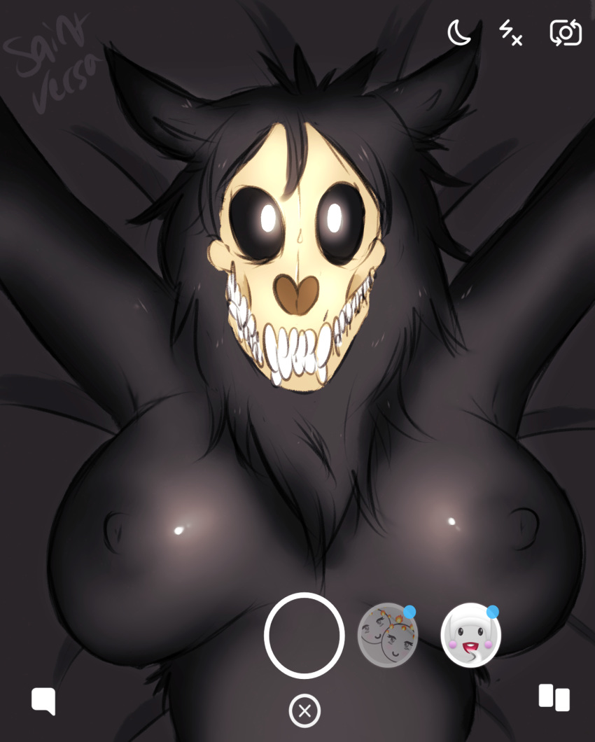 big_breasts black_fur black_hair breasts female fur glowing glowing_eyes hair monster nipples saintversa scp-1471 scp_foundation selfie skull solo