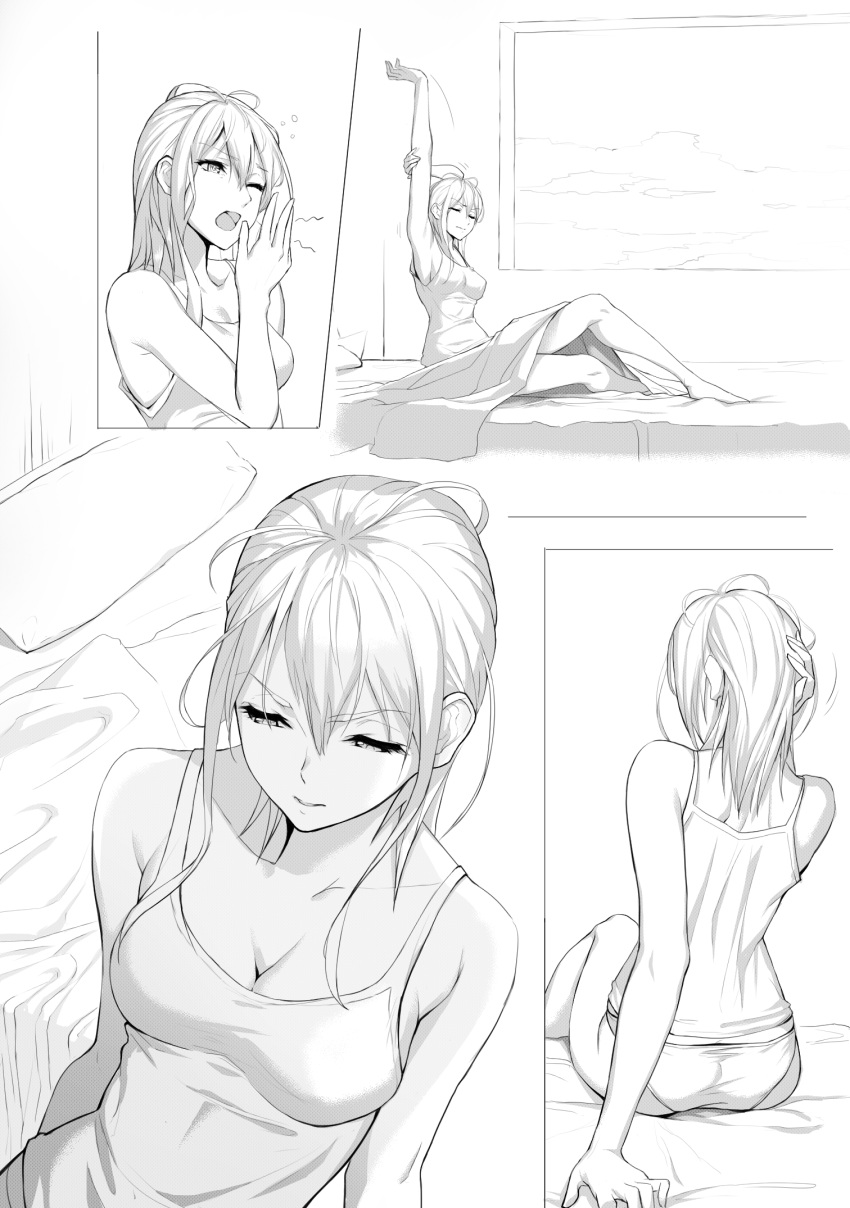 ;o antenna_hair arm_behind_back arm_support arm_up ass bangs bare_arms bare_shoulders bed bed_sheet blanket breasts cleavage closed_eyes collarbone comic eyebrows_visible_through_hair gogo_(detteiu_de) greyscale hair_between_eyes half-closed_eyes hand_on_own_head highres kingdom_hearts larxene long_hair messy_hair monochrome motion_lines on_bed one_eye_closed open_mouth panties pillow silent_comic sitting solo stretch tank_top underwear waking_up window yawning