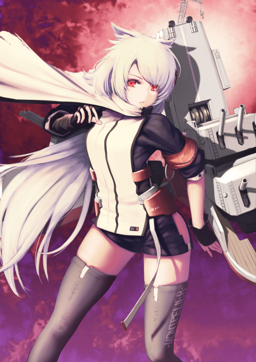 ahoge animal_ears armband azur_lane bangs black_gloves black_legwear black_shorts cannon cape closed_mouth clothes_writing commentary_request cowboy_shot eyebrows_visible_through_hair fingerless_gloves gloves hair_ornament hairclip head_tilt highres itaco1987 long_hair long_sleeves machinery montpelier_(azur_lane) parted_lips red_eyes rigging shirt short_shorts shorts sidelocks solo thighhighs turret very_long_hair white_cape wind wind_lift