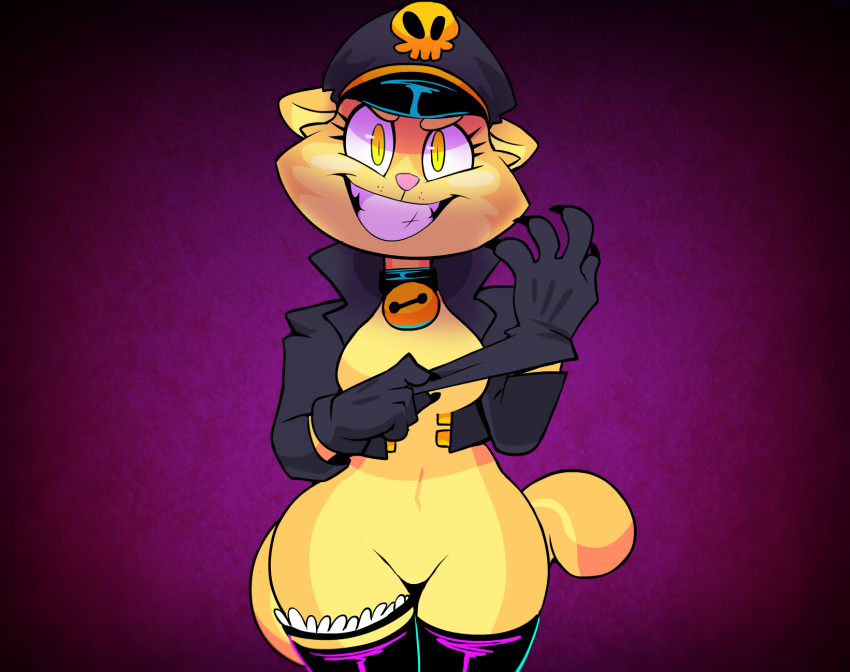 anthro cat clothing collar featureless_crotch feline female gloves hat jacket leather_boots looking_at_viewer mammal navel nude solo vimhomeless
