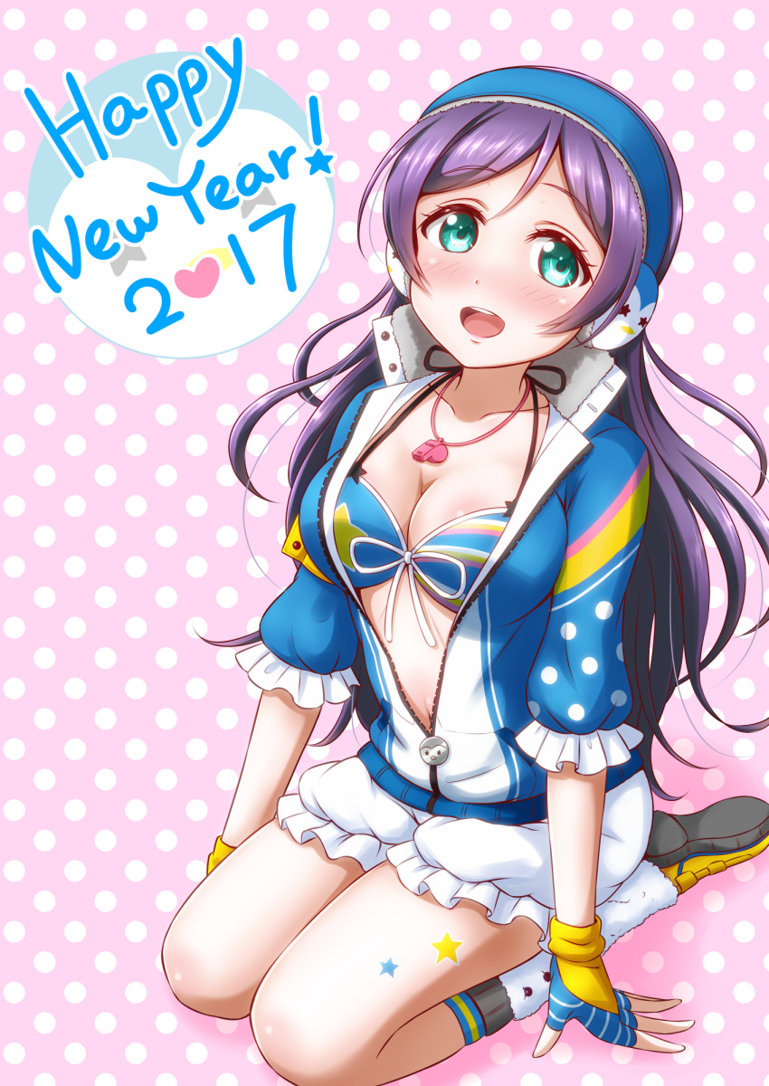 2017 :d bangs bikini_top breasts cardigan ckst cleavage collarbone fingerless_gloves gloves green_eyes hair_between_eyes happy_new_year highres kneeling long_hair love_live! love_live!_school_idol_festival love_live!_school_idol_project medium_breasts new_year open_cardigan open_clothes open_mouth parted_bangs partially_unzipped pink_background polka_dot polka_dot_background purple_hair ribbon shiny shiny_skin short_shorts shorts smile solo toujou_nozomi very_long_hair whistle white_ribbon white_shorts