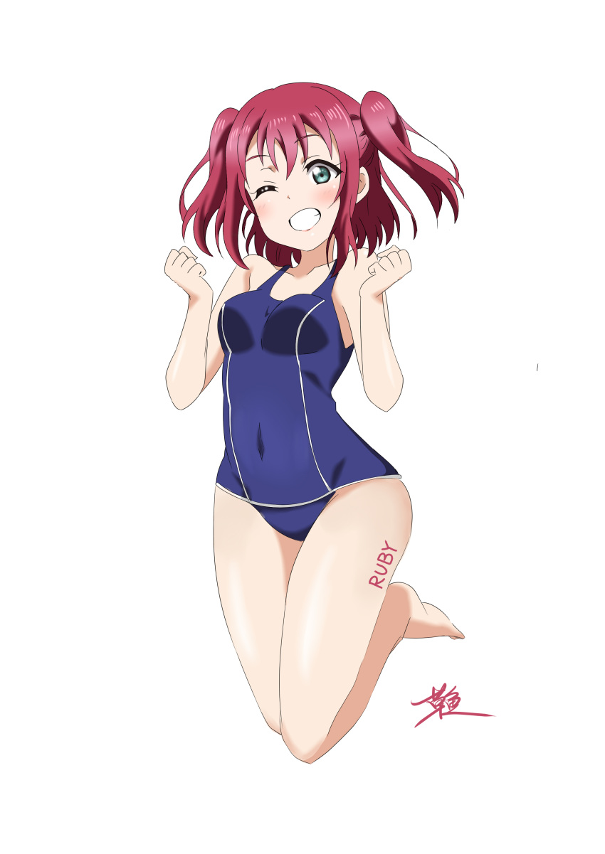 ;d absurdres blue_swimsuit breasts cao_yuxiang collarbone covered_navel eyebrows_visible_through_hair full_body green_eyes hair_between_eyes highres kurosawa_ruby long_hair looking_at_viewer love_live! love_live!_sunshine!! one-piece_swimsuit one_eye_closed open_mouth red_hair school_swimsuit signature simple_background small_breasts smile solo swimsuit two_side_up white_background