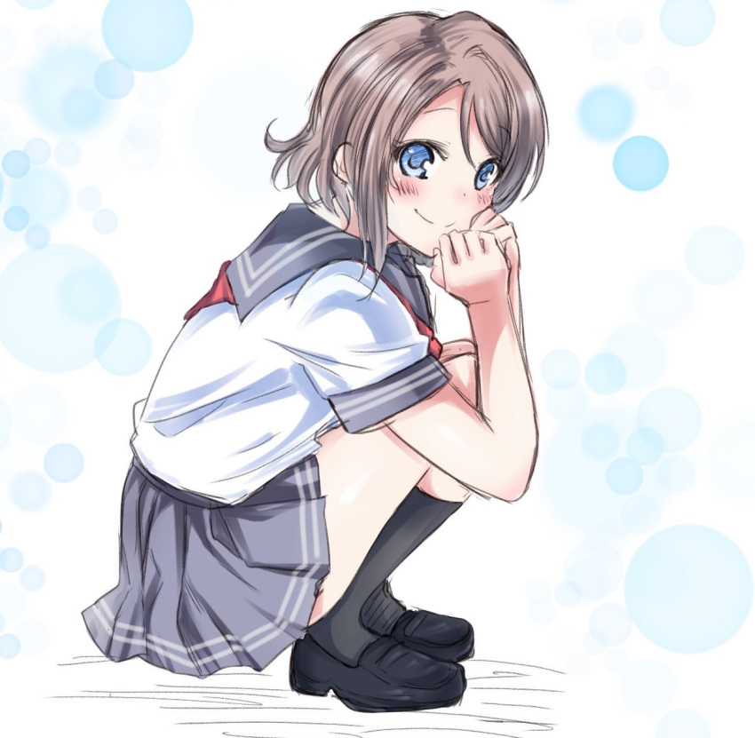 black_footwear black_legwear blue_eyes blush brown_hair eyebrows_visible_through_hair from_side full_body grey_skirt hair_between_eyes highres loafers looking_at_viewer love_live! love_live!_sunshine!! miniskirt neckerchief pleated_skirt red_neckwear shirt shoes short_hair short_sleeves sketch skirt smile solo squatting watanabe_you white_shirt zero-theme