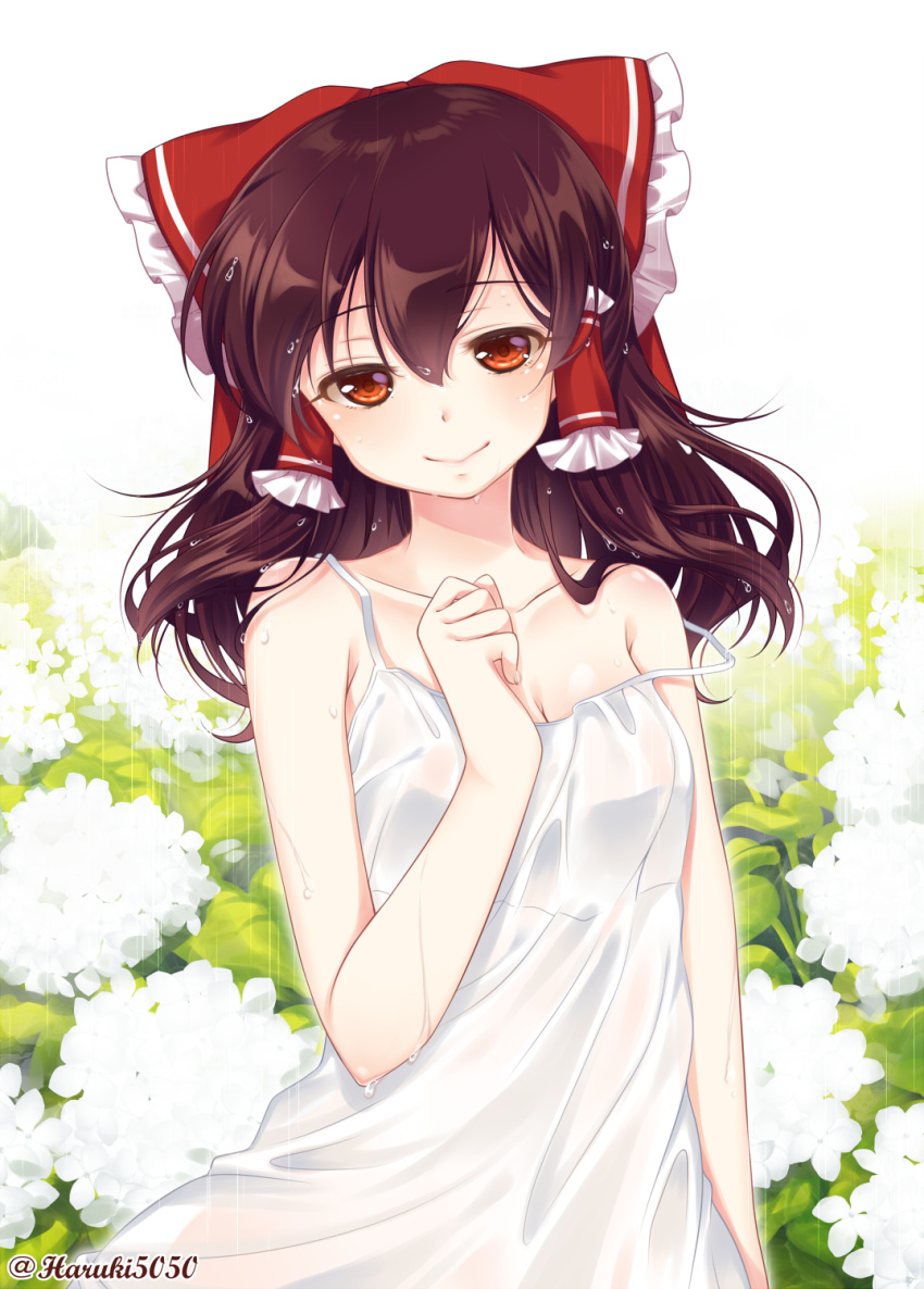 alternate_costume artist_name bare_arms bare_shoulders blush bow breasts brown_eyes brown_hair cleavage collarbone commentary_request dress eyebrows_visible_through_hair flower frilled_bow frills hair_between_eyes hair_bow hair_tubes hakurei_reimu hand_up haruki_(colorful_macaron) head_tilt highres hydrangea long_hair looking_at_viewer medium_breasts rain red_bow smile solo spaghetti_strap strap_slip touhou twitter_username upper_body wet white_background white_dress white_flower