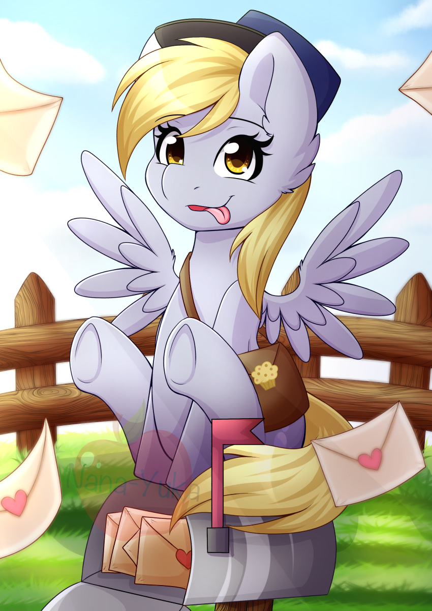 &lt;3 2018 absurd_res bag blonde_hair cloud cute cutie_mark derpy_hooves_(mlp) envelope equine eyebrows eyelashes feathered_wings feathers female fence feral friendship_is_magic grass grey_feathers hair hat hi_res hooves looking_at_viewer mailbag mailbox mammal my_little_pony nana-yuka nude open_mouth open_smile outside pegasus portrait silly sitting sky smile solo tongue tongue_out underhoof watermark wings yellow_eyes