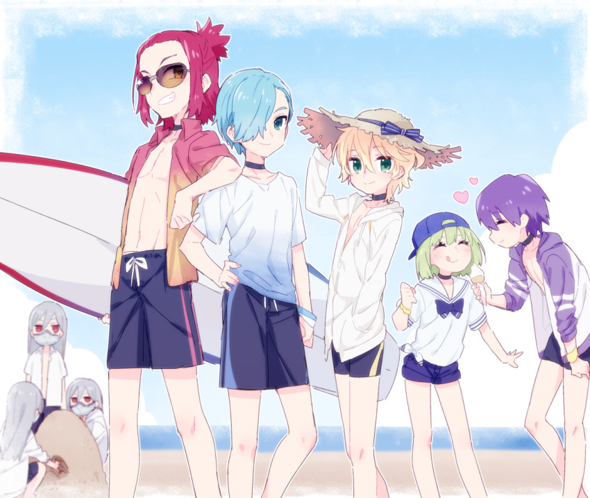 aqua_eyes baseball_cap beach blonde_hair blue_hair blue_sky blurry bracelet choker closed_eyes cloud commentary commentary_request darling_in_the_franxx day depth_of_field feet_out_of_frame food gradient_clothes green_eyes green_hair grey_hair hand_in_pocket hand_on_headwear hand_on_hip hand_on_thigh hat heart ice_cream ice_cream_cone jacket jewelry mask mt.somo nine_alpha nine_beta nine_delta nine_epsilon nine_eta nine_gamma nine_theta nine_zeta ocean open_clothes open_shirt outdoors purple_hair red_eyes red_hair sand_sculpture school_uniform shirt shorts sky smile standing straw_hat sunglasses surfboard track_jacket triplets white_shirt