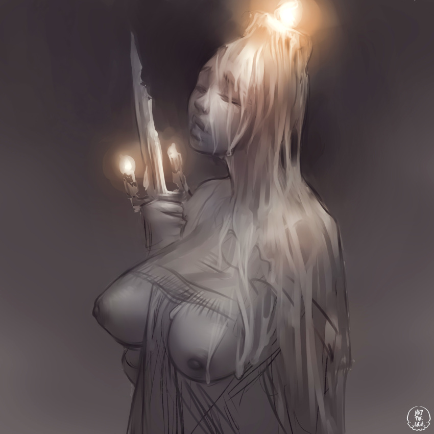 1girl areolae breasts broken broken_sword broken_weapon candle candle_wax candlelight dark_areolae dark_nipples dark_souls_iii eyes_closed grand_archives_scholar grey_background grey_skin highres holding holding_weapon inverted_nipples large_breasts lips nat_the_lich nipples no_bra nose solo souls_(from_software) sword torn_clothes undead weapon