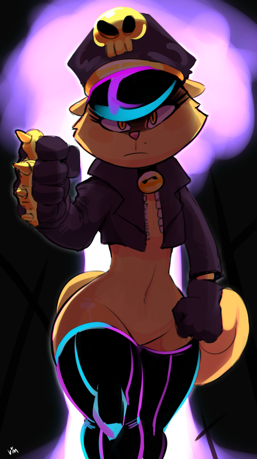 anthro brass_knuckles cat clothing fan_character featureless_crotch feline female hat jacket leather_boots looking_at_viewer mammal melee_weapon navel solo vimhomeless weapon wide_hips