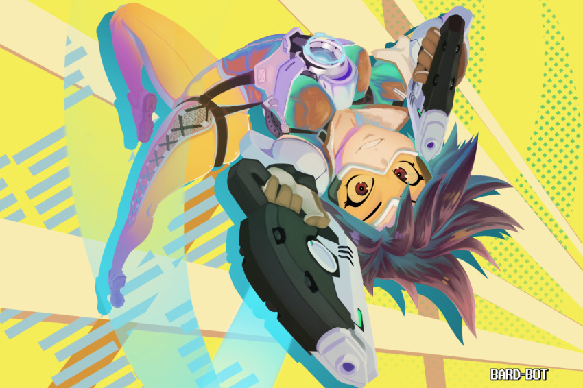 artist_name bard-bot bomber_jacket brown_eyes brown_hair dual_wielding goggles grin holding jacket leg_up looking_at_viewer overwatch short_hair signature smile solo thighs tracer_(overwatch) upside-down yellow_background