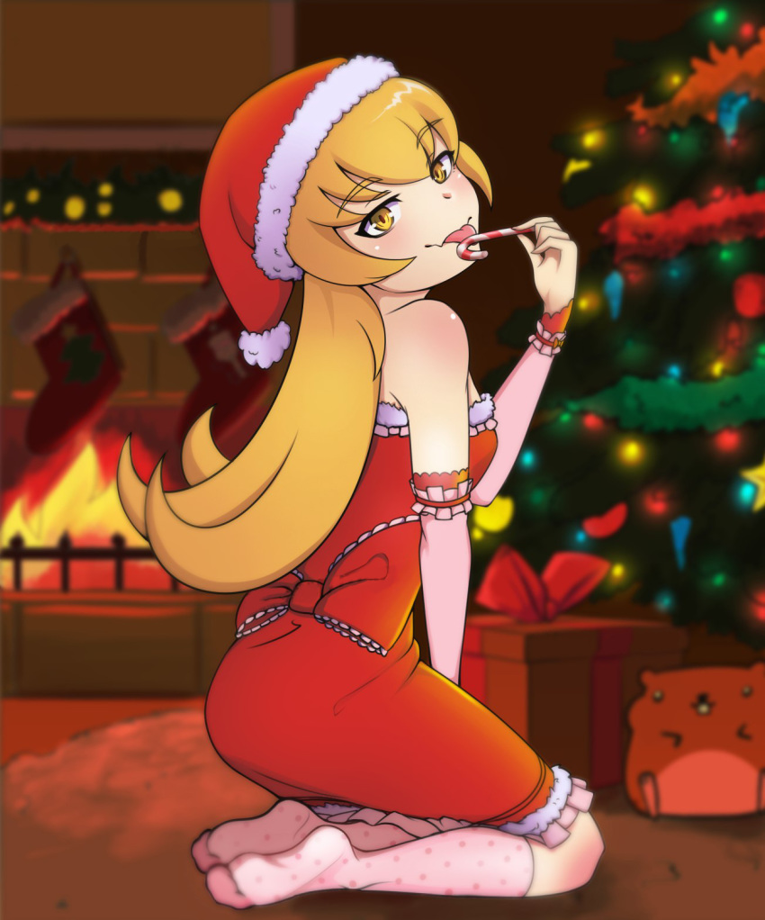 1girl blonde_hair blush candy_cane child christmas christmas_lights christmas_ornaments christmas_stocking christmas_tree eyebrows_visible_through_hair fang fire fireplace flat_chest gift_box licking long_hair monogatari_(series) oshino_shinobu santa santa_costume santa_hat smile socks vampire yellow_eyes