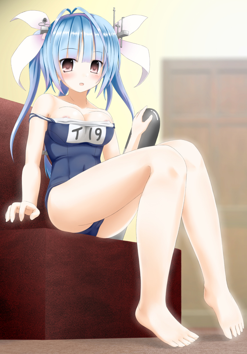 alternate_eye_color areola_slip areolae bangs blue_hair blush breasts brown_eyes cameltoe collarbone couch covered_navel door eyebrows_visible_through_hair fang hair_ribbon highres i-19_(kantai_collection) kantai_collection large_breasts light_blush long_hair looking_at_viewer md5_mismatch name_tag off_shoulder one-piece_swimsuit open_mouth ribbon school_swimsuit sitting solo swimsuit torpedo tri_tails twintails yoko_(pixykid2010)