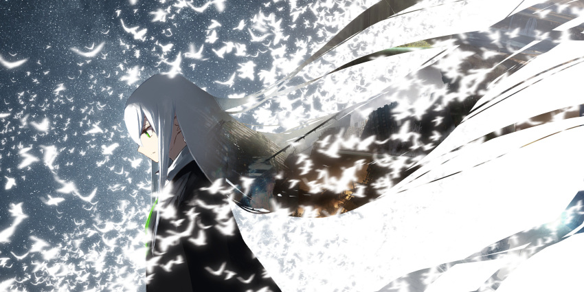 1girl absurdres asuteroid bird building green_eyes highres iz_(asuteroid) long_hair looking_away neon_trim original sky solo standing star_(sky) starry_sky very_long_hair white_hair