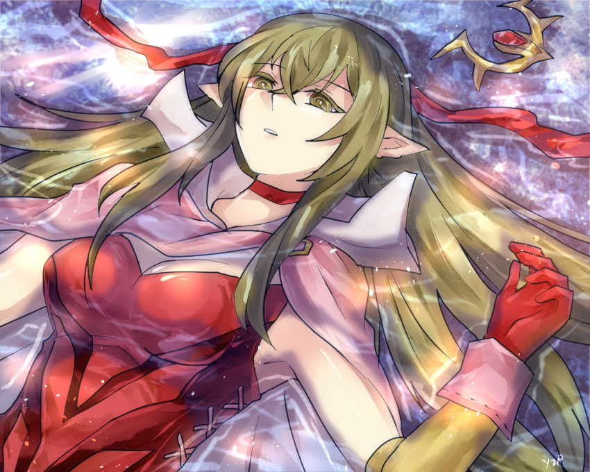 armpits breasts cape chiki choker cleavage commentary_request detached_sleeves dress fire_emblem fire_emblem:_kakusei fire_emblem:_monshou_no_nazo fire_emblem_heroes gloves green_eyes green_hair hair_ornament hand_up jewelry jewelry_removed lip_obrie long_hair lying mamkute medium_breasts older on_back parted_lips partially_submerged pointy_ears red_dress red_gloves short_dress strapless strapless_dress tiara water