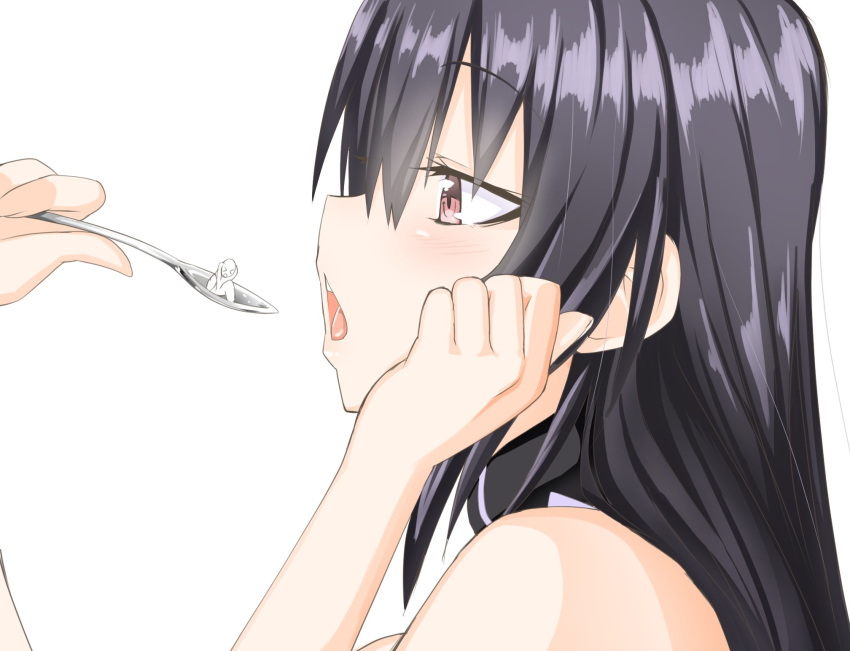 1boy 1girl black_hair character_request copyright_request giantess miniboy niwaka_potato open_mouth profile simple_background spoon vore white_background
